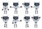 Robotic characters vector set design. Robot characters in standing pose and waving gesture isolated.