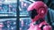 Robotic Entity in Pink Armor with Control Panel Background