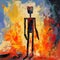 Robotic Expressionism: A Colorful Cartoon Painting Of A Person Amidst Burning Fire