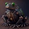 A robotic frog wearing steampunk armor. Generative Ai