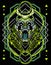 Robotic green wolf roaring with sacred geometry background