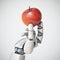 Robotic hand holding an apple 3d rendering, gmo concept, automation concept