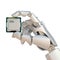 Robotic hand holding processor chip, artificial intelligence concept, bionic brain 3d rendering