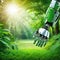 robotic hands on green nature background