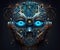 Robotic head with glowing blue eyes and intricate circuitry on a dark background