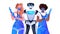 robotic janitor with women cleaners standing together cleaning service artificial intelligence technology concept