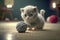 robotic kitten playing with ball of wool on carpet