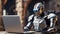 A robotic knight working on laptop, AI latest technology, AI generated