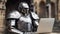 A robotic knight working on laptop, AI latest technology, AI generated