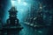 robotic machines assembling underwater city infrastructure