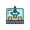 Robotic manipulator on conveyor, production flat color icon.