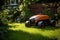 robotic mower navigating around garden obstacles