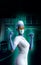 Robotic nurse in a white uniform with syringe inside a hospital, 3d rendering