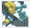 Robotic palletizing line stylized isometric illustration