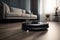 Robotic smart robot vacuum cleaner cleans the living room. Modern technologies for home care