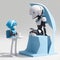 robotic style illustration, a guardian listens to someone\\\'s voice through headphones