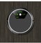 Robotic vacuum cleaner with electronic board on wooden texture, view from above