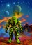 Robotic Warrior in the desert, alien Planetary system, in the background a city and a Sky with clouds and moon, 3d illustration