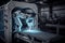 Robotic welder in automotive industry, white robot welding car body in car factory