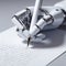 Robotic white hand with pen write on blank letter closeup. ai generative