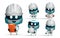Robots character vector set design. Robot ai characters with hard hat and blueprint layout elements for robotic engineer.