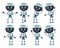 Robots character vector set design. Robotic characters with pose and gestures of standing, waving and thumbs up.