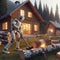 Robots chopping wood outside a cozy, illuminated wooden cabin surrounded by lush greenery at dusk.