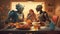 Robots, cyborgs and people having dinner together at cozy autumn kitchen. Futuristic image of people and driods spending domestic