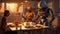 Robots, cyborgs and people having dinner together at cozy autumn kitchen. Futuristic image of people and driods spending domestic