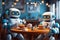 Robots drink coffee in a cafe