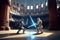 robots dueling with lightsabers in futuristic colosseum