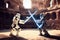 robots dueling with lightsabers in futuristic colosseum