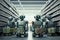 robots in a futuristic supermarket, with robotic arms stocking shelves and a humanoid robot assisting customers at a