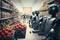 robots in a futuristic supermarket, with robotic arms stocking shelves and a humanoid robot assisting customers at a