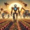 Robots harvesting tomatoes in a crop meadow.