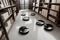 Robots vacuum cleaners make floor cleaning in deserted archive of office, Generative AI