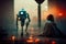 Robots walking in the street of a futuristic city, digital painting, concept illustration