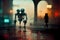 Robots walking in the street of a futuristic city, digital painting, concept illustration