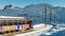 Rochers de Naye, Montreux / Switzerland - 12.25.2019: Santa Claus paradise cog railway train carriage leaving Rochers de Naye