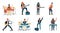 Rock band characters. Cartoon guitar player, vocalist and drummer playing rock music, metal band members. Vector
