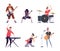 Rock band. Expressive characters musicians drummers in action poses with microphones and guitars exact vector persons