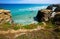 Rock at beach in summer day. Cantabric coast