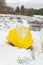 Rock or boulder painted yellow in snowy meadow