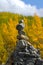 Rock cairn with gold autumn leaves behind