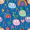 Rock cartoon music note move plant japan blue seamless pattern