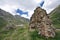 Rock in Caucasus mountain valley with grass