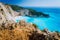 Rock Cliffs in front of Navagio beach Zakynthos. Shipwreck bay with turquoise water and white sand beach. Famous marvel