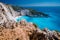 Rock Cliffs in front of Navagio beach Zakynthos. Shipwreck bay with turquoise water and white sand beach. Famous marvel