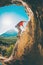 Rock climber on the background of beautiful mountains and blue sky