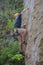A rock climber climbs a steep wall in the Marble mountains. Da Nang, Vietnam